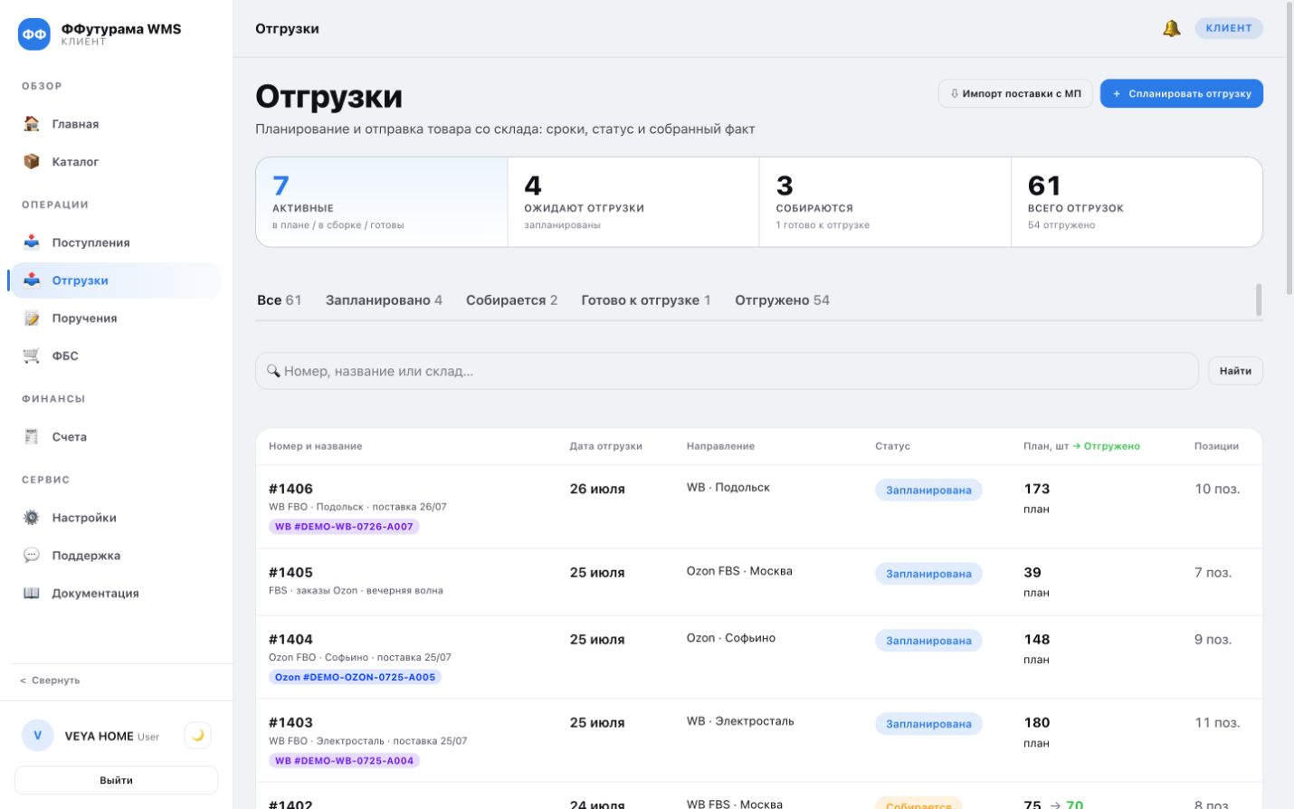 Отгрузки и статусы в WMS FFuturama